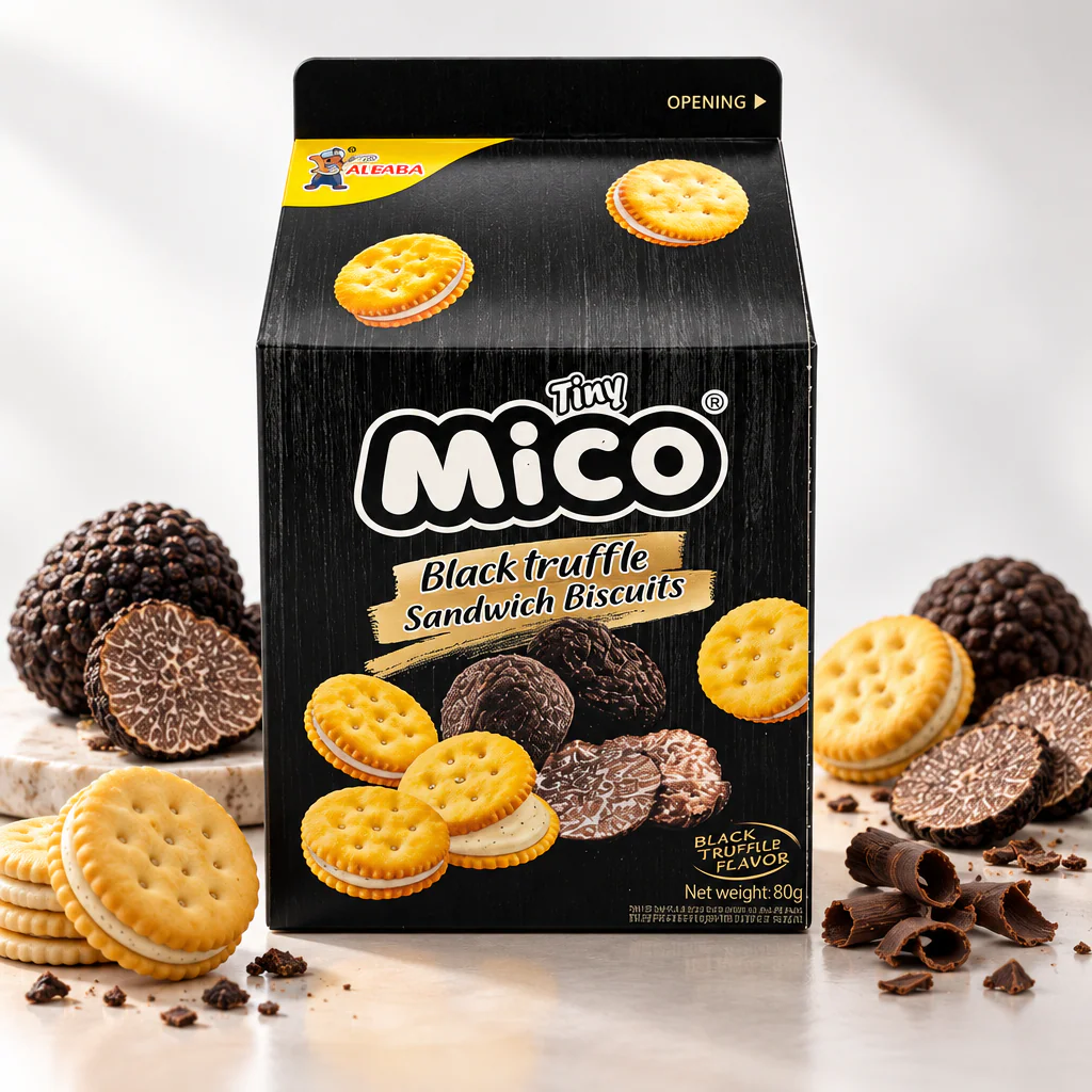 Печенье Tiny Mico Black Truffle Sandwich Biscuits со вкусом чёрного трюфеля (чёрный) 80г 1/24 (Китай)