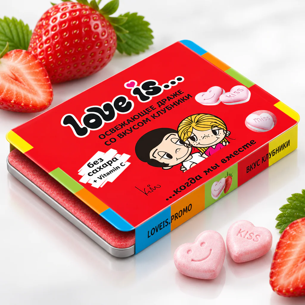 Освежающие конфеты LOVE IS в форме сердца со вкусом клубники в блистере и обечайке 10,8г 1/12