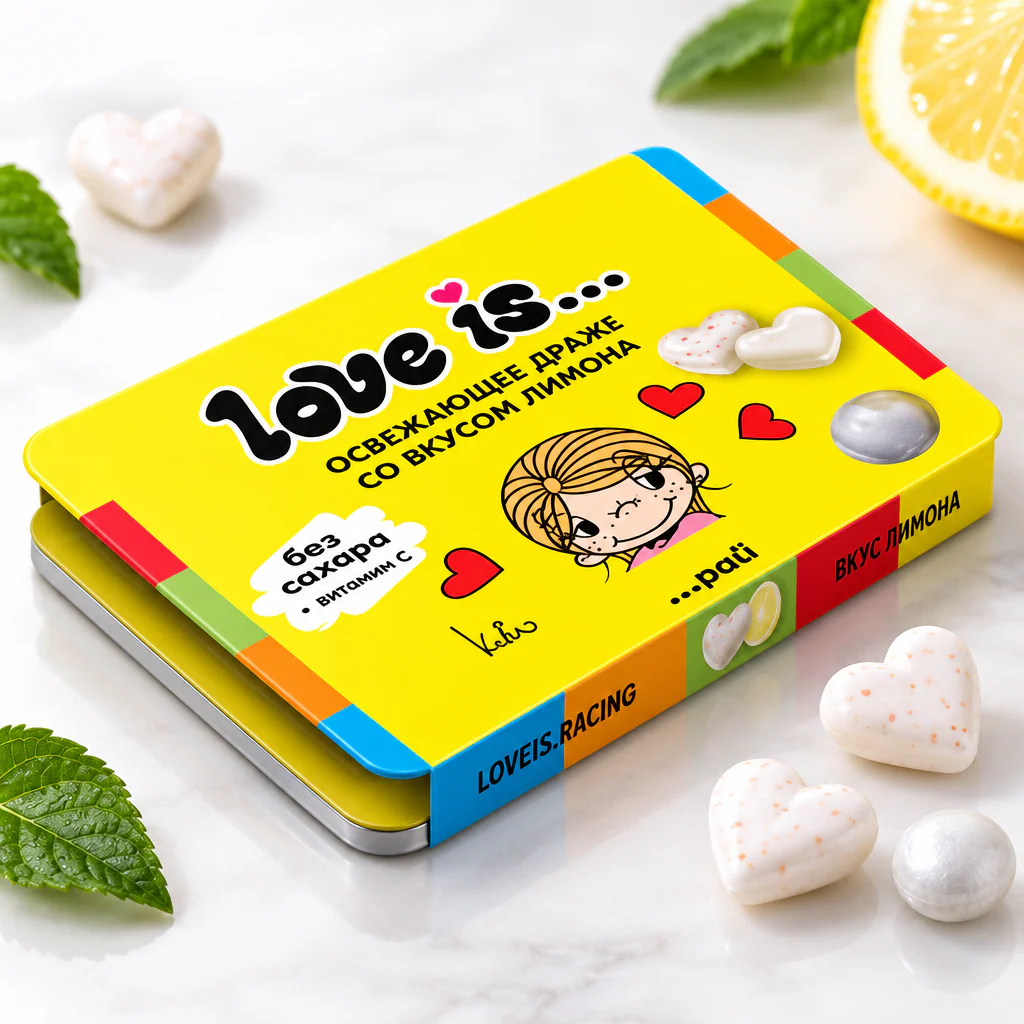 Освежающие конфеты LOVE IS в форме сердца со вкусом лимона в блистере и обечайке 10,8г 1/12