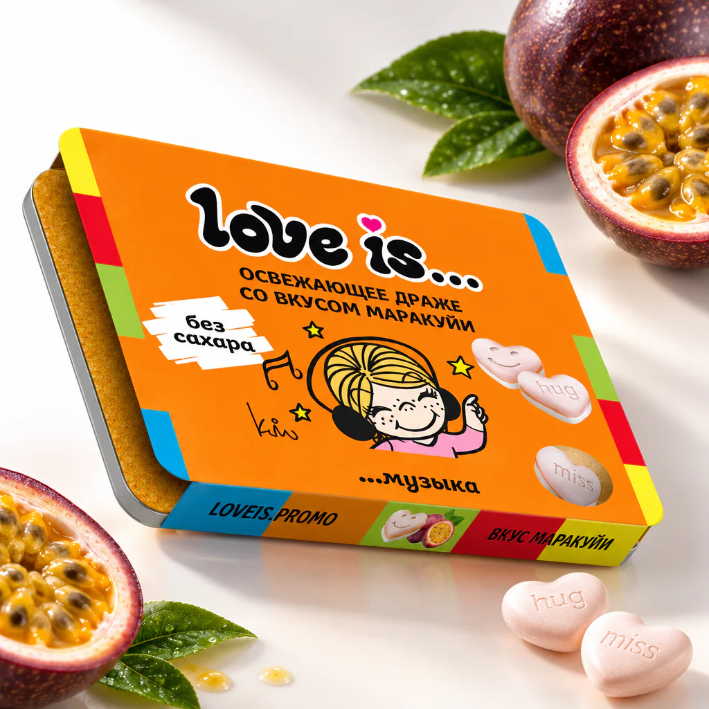 Освежающие конфеты LOVE IS в форме сердца со вкусом маракуйи в блистере и обечайке 10,8г 1/12